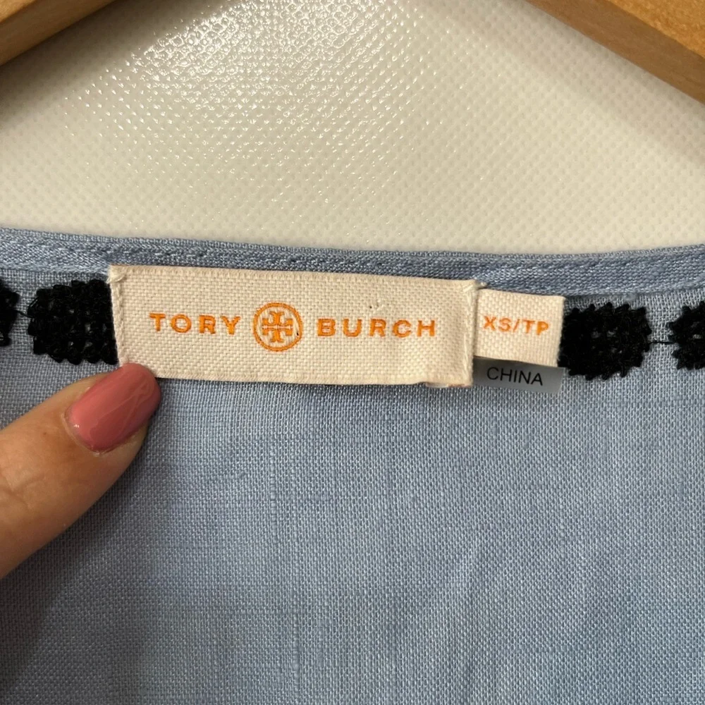 Tory Burch Blue Embroidered Linen Tunic Top